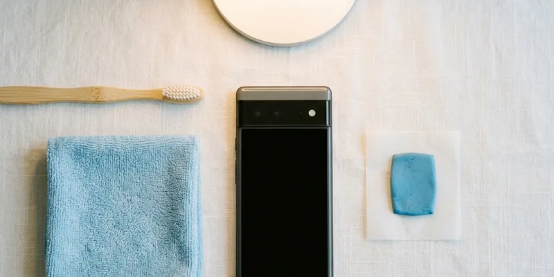 Flat-lay illustration of safe tools for cleaning phone speakers: soft toothbrush, microfiber cloth, blue putty, and smartphone