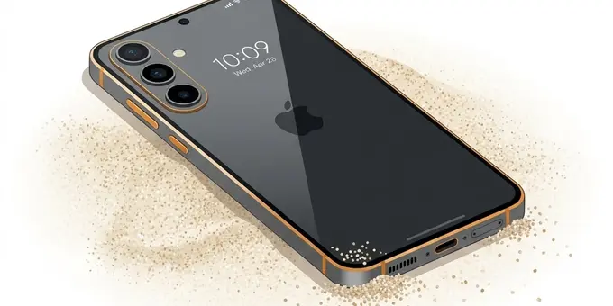 A smartphone resting on sand at a beach