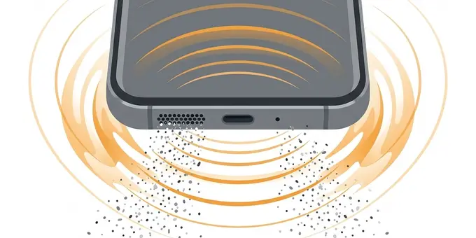 Illustration of sound waves shaking dust and lint loose from a smartphone speaker