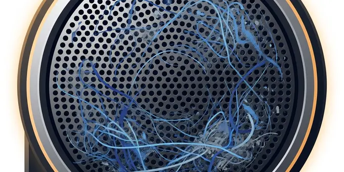 Macro view of a speaker grille clogged with pocket lint