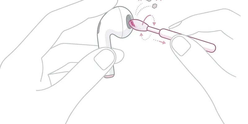Illustration of an earbud being cleaned with a small tool