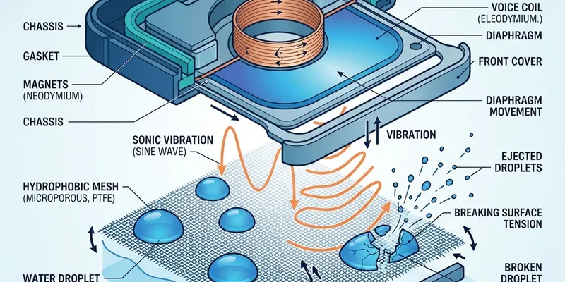 Cross-section diagram of a phone speaker showing how sound waves push water out of hydrophobic mesh