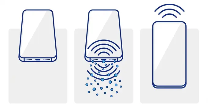 How speaker cleaning works: point speaker down, play tone to push water out, test clean audio