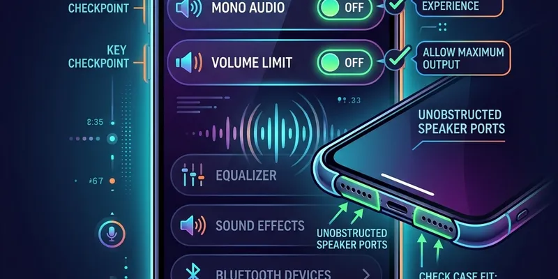 Infographic illustrating system settings checklist: mono audio off, volume limit off, and unobstructed speaker ports