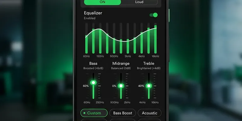 Vibrant visual layout representing Spotify equalizer sliders and volume normalization selector