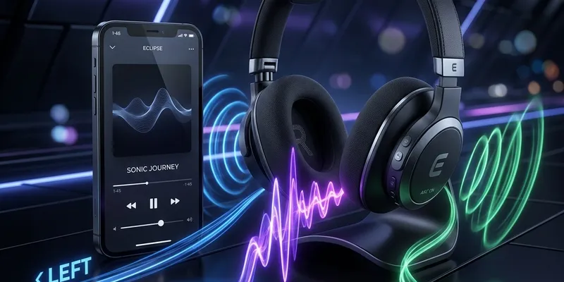 3D illustration of phone and headphones with directional sound waves labeled Left, Center, and Right