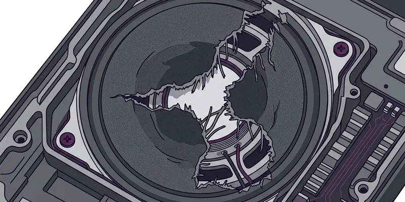 Macro view of a torn and damaged speaker cone inside a smartphone