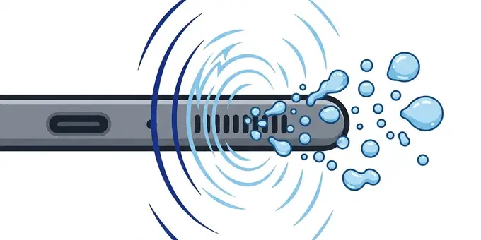 Illustration of sound waves pushing water droplets out of a smartphone speaker