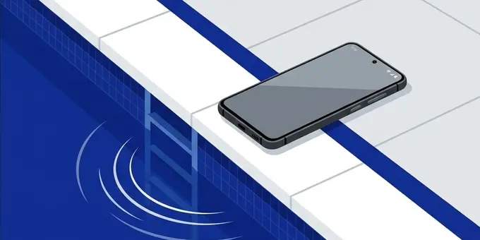 A smartphone resting by a swimming pool